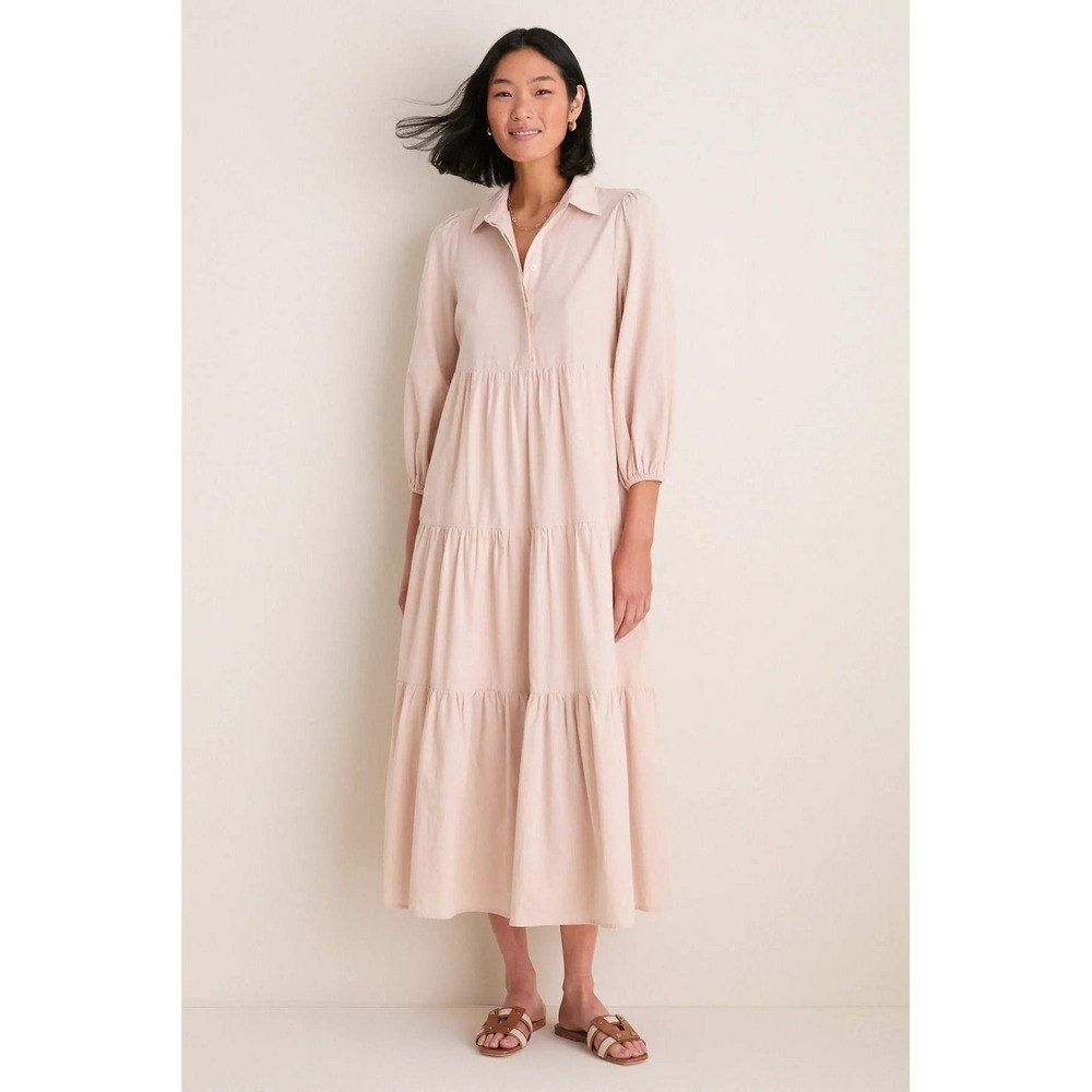 Pomander Place Beige Cotton Mabel Maxi Dress Tiered Long Sleeve Y21575T Size XS